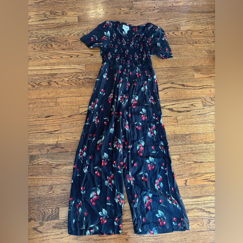 Darian Petite 1990’s Dark Cherry Print Black Smocked Jumpsuit Size 14